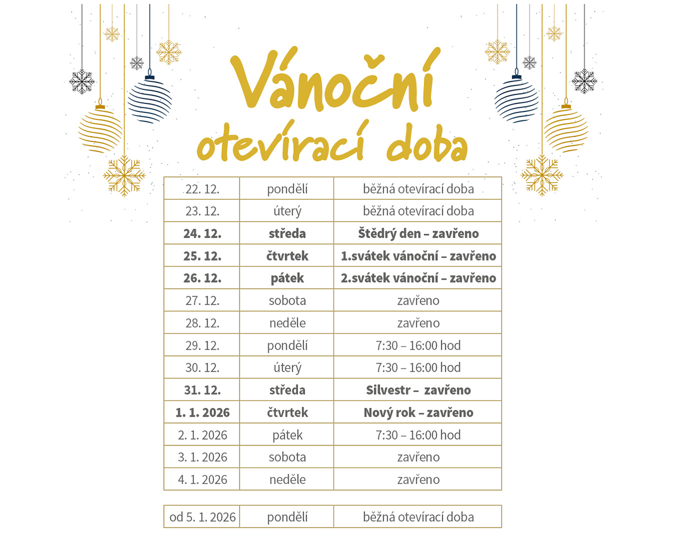 Vánoční otevírací doba